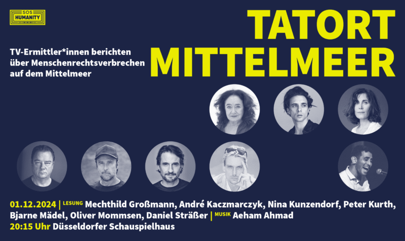 Grafik zur Bewerbung der Veranstaltung Tatort Mittelmeer mit den Gesichtern der Schauspielenden.